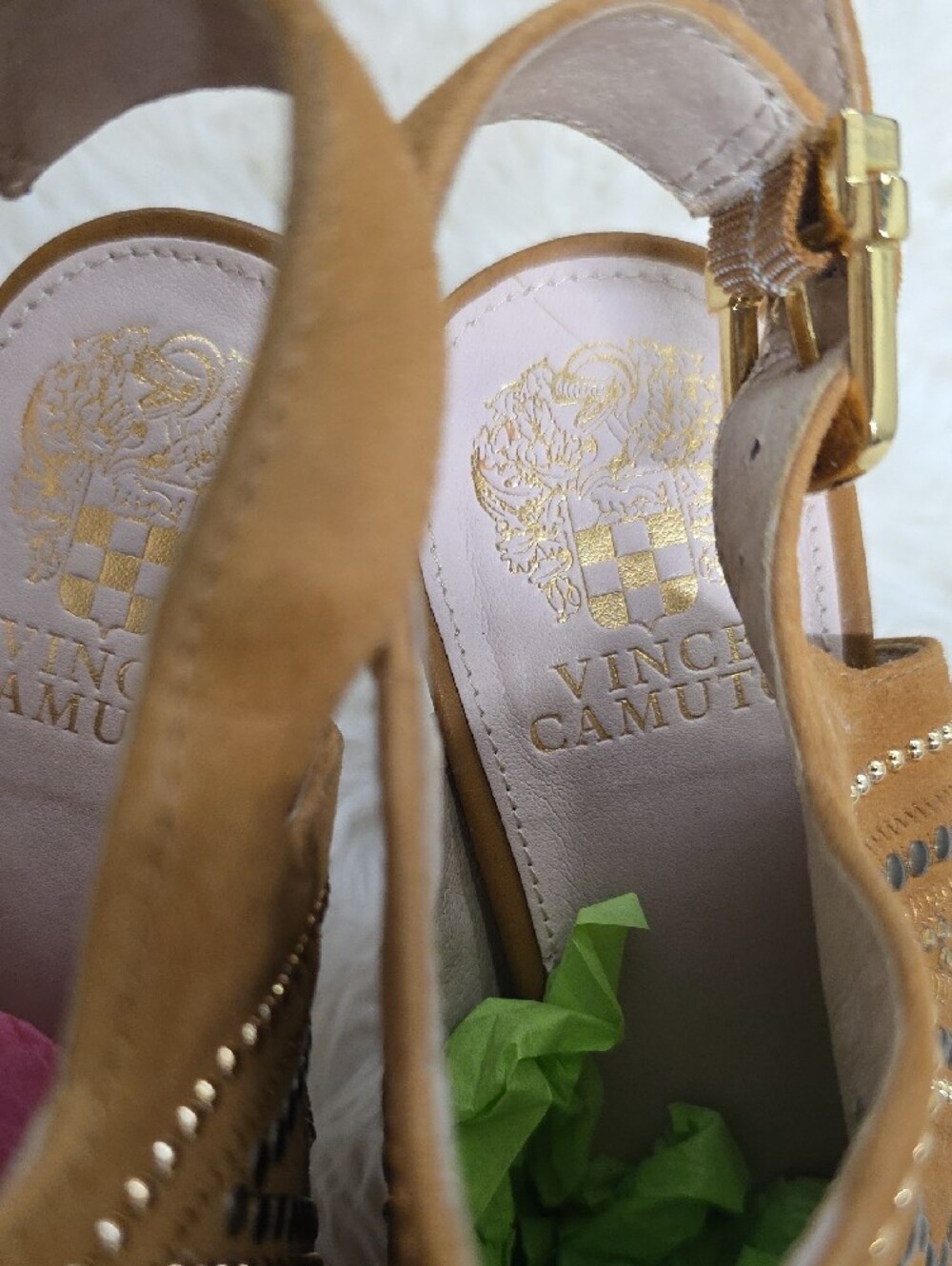 Vince Camuto Tan Studded Peep-Toe Slingback Heels - Picture 7 of 8